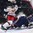 PARIS, FRANCE - MAY 12: Belarus's Alexander Pavlovich #71 crashes into France's Cristobal Huet #39 net during preliminary round action at the 2017 IIHF Ice Hockey World Championship. (Photo by Matt Zambonin/HHOF-IIHF Images)

